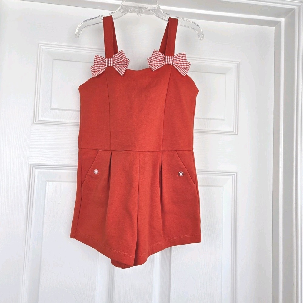 Janie And Jack Girls Red Ponte Shorts‎ Romper Size 5 Pockets Gingham Bows